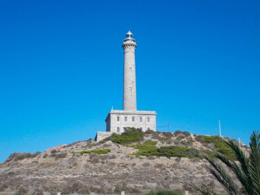 CABO DE PALOS, İSPAN 23 Eylül 2020. Faro Cabo de Palos - La Manga 'daki eski deniz feneri. Murcia, İspanya 'da. Avrupa. Yatay fotoğrafçılık.