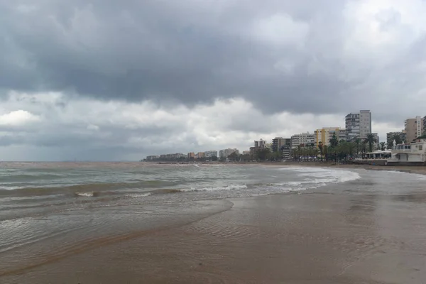 Plaża Benicssim Benicsim Morze Śródziemne Łącząca Się Wodą Deszczową Powodziami — Zdjęcie stockowe