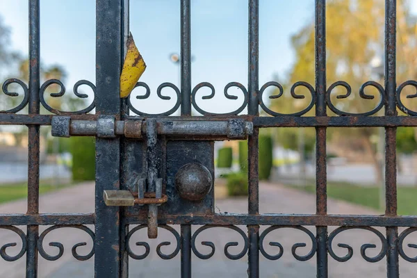 Cerca Metal Enferrujado Fechado Com Cadeado Segundo Plano Parque Público — Fotografia de Stock