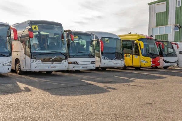 Campos, İspanya; 27 Aralık 2020: okul otobüsleri bir arazi üzerinde yan yana park edildi