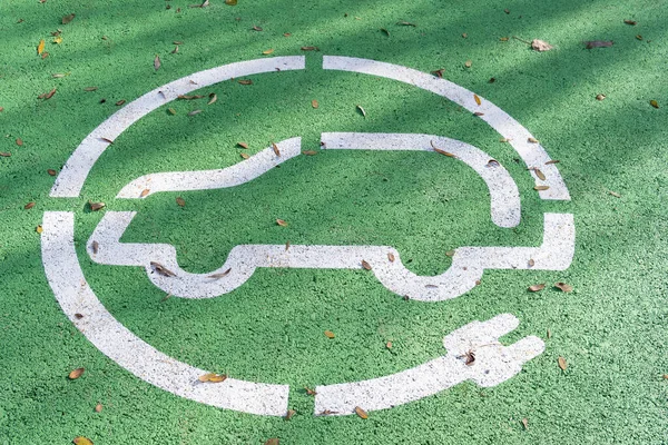 Electric car charging symbol on a green background with deciduous tree leaves. Renewable energy image