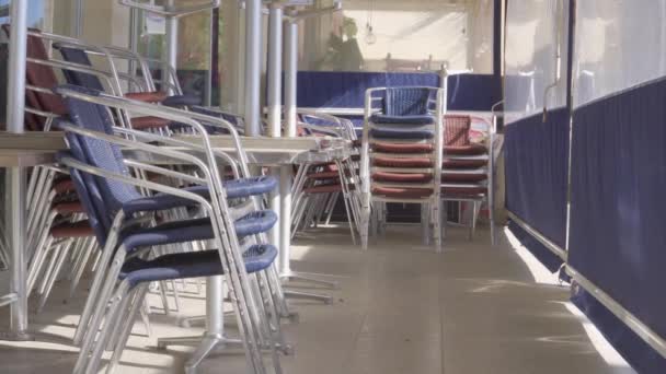 Metal Chairs Tables Stacked Outdoor Coronavirus Crisis — Stock Video