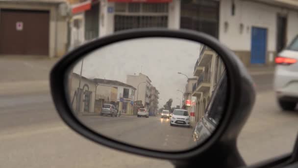 Campos Spain February 2021 Rearview Mirror Showing Morning Traffic Busy — Stock Video