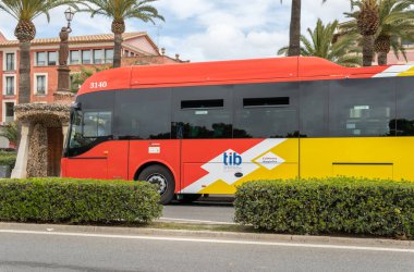 Manacor, Balearic Adaları / İspanya; 18 Mart 2021: Majorca adasının başkenti ile kentleri birleştiren otobüsü. Manacor kasabasındaki otobüs şoförü. Yüz maskeli sürücü