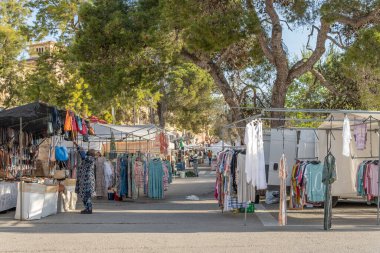 Sineu, Spain; april 14 2021: Weekly street market in the Majorcan town of Sineu in times of the de-escalation of the Coronavirus pandemic.