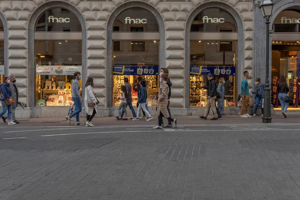 Palma de Mallorca, Spain; april 23 2021: Main facade of the multinational electronics and culture store FNAC in the historic center of Palma de Mallorca during the Coronavirus pandemic. New normal