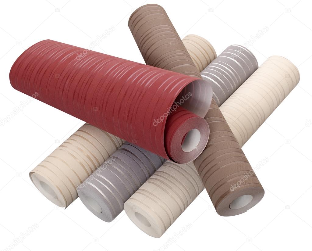 Rolls of wallpaper in different colors isolated on white backgro