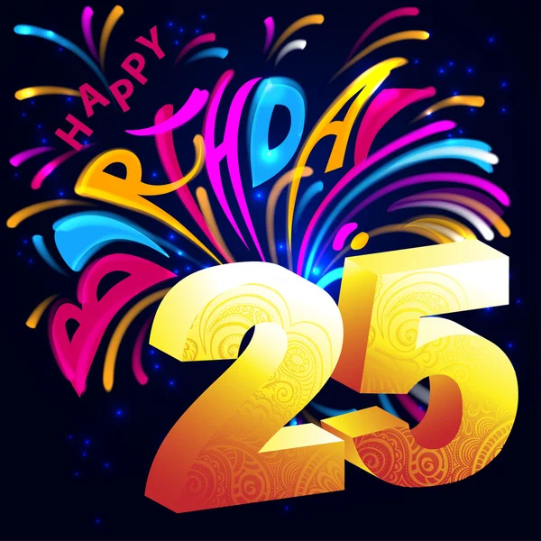 Fireworks Happy Birthday with a gold number 25 — Stock Vector