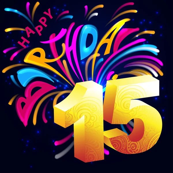 Fireworks Happy Birthday with a gold number 15 — Stock Vector