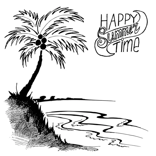 Skizze eines Strandes mit Palme — Stockvektor