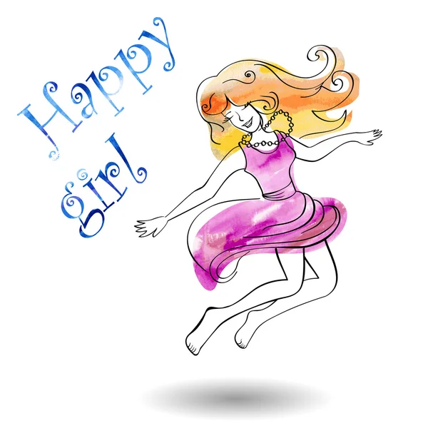 Chica alegre en un vestido salta alto — Vector de stock