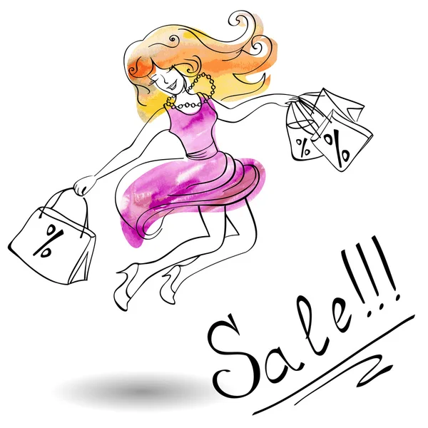 Chica alegre en un vestido salta de compras Ilustraciones De Stock Sin Royalties Gratis