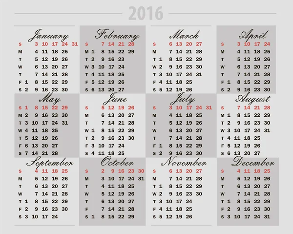 Kalender 2016 på grå bakgrund Vektorgrafik