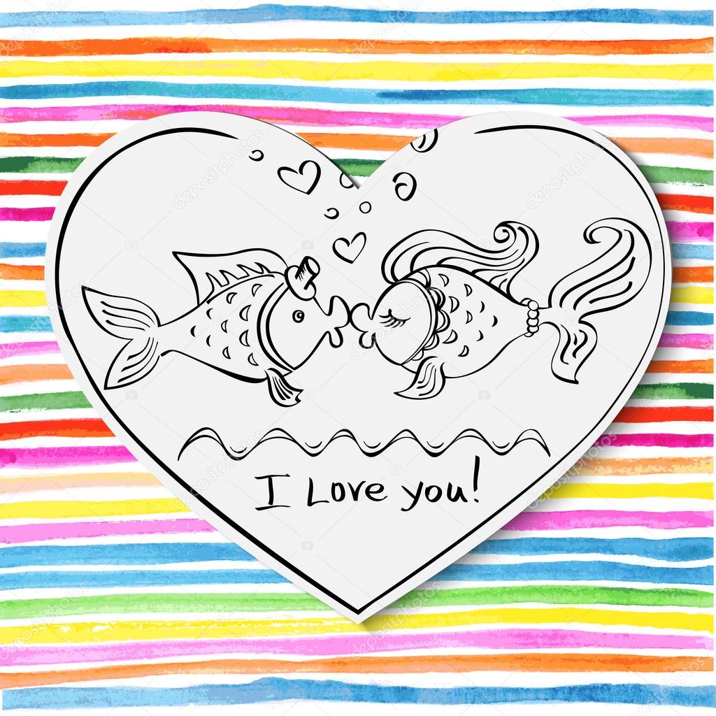 San Valentino bacio i due pesci disegno in un cuore bianco su priorit  bassa dell acquerello a strisce colorata — Vettoriali di katerinasaff
