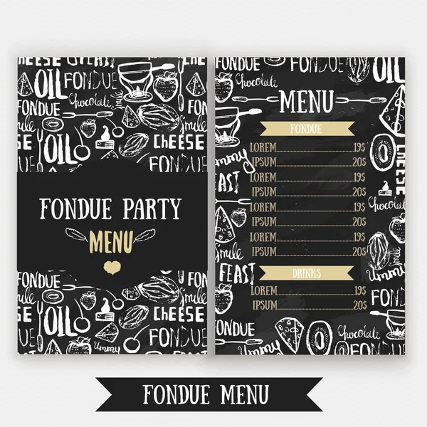 Menú de fondue dulce sobre fondo de tiza. Fondue tradicional de comida suiza. Se puede utilizar para menú, banners, invitaciones . — Archivo Imágenes Vectoriales