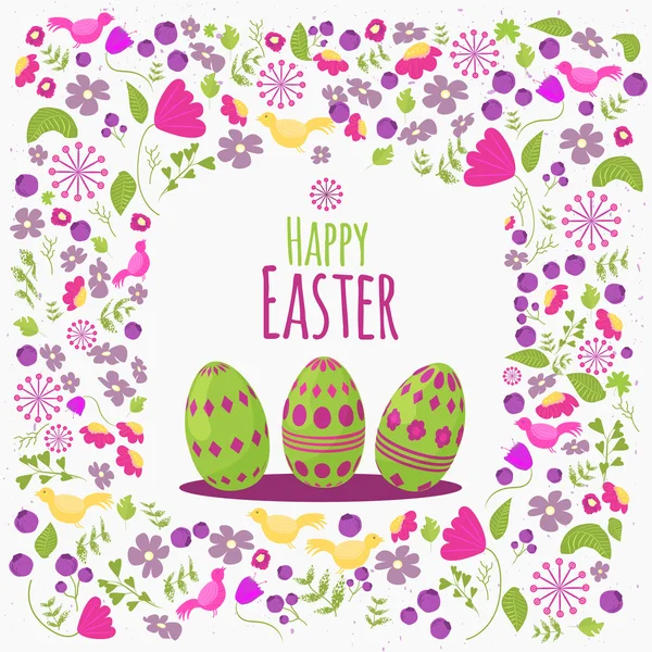 Easter  floral card with colorful eggs on white background. Can be used for easter greetings, easter icons, banners. — Stock Vector