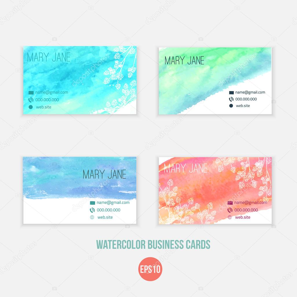 Vector Set of creative business card templates with sketch flowers and Abstract watercolor splashes.