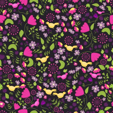 Renkli etnik çiçek seamless modeli. Meksika çiçek deseni. Çiçek yaprakları ve kuşlarda koyu arka plan ile seamless modeli.