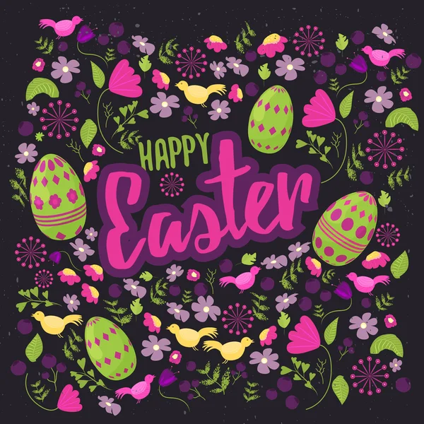 Easter  floral card with colorful eggs on dark background. Can be used for easter greetings, easter icons, banners. — Stock Vector