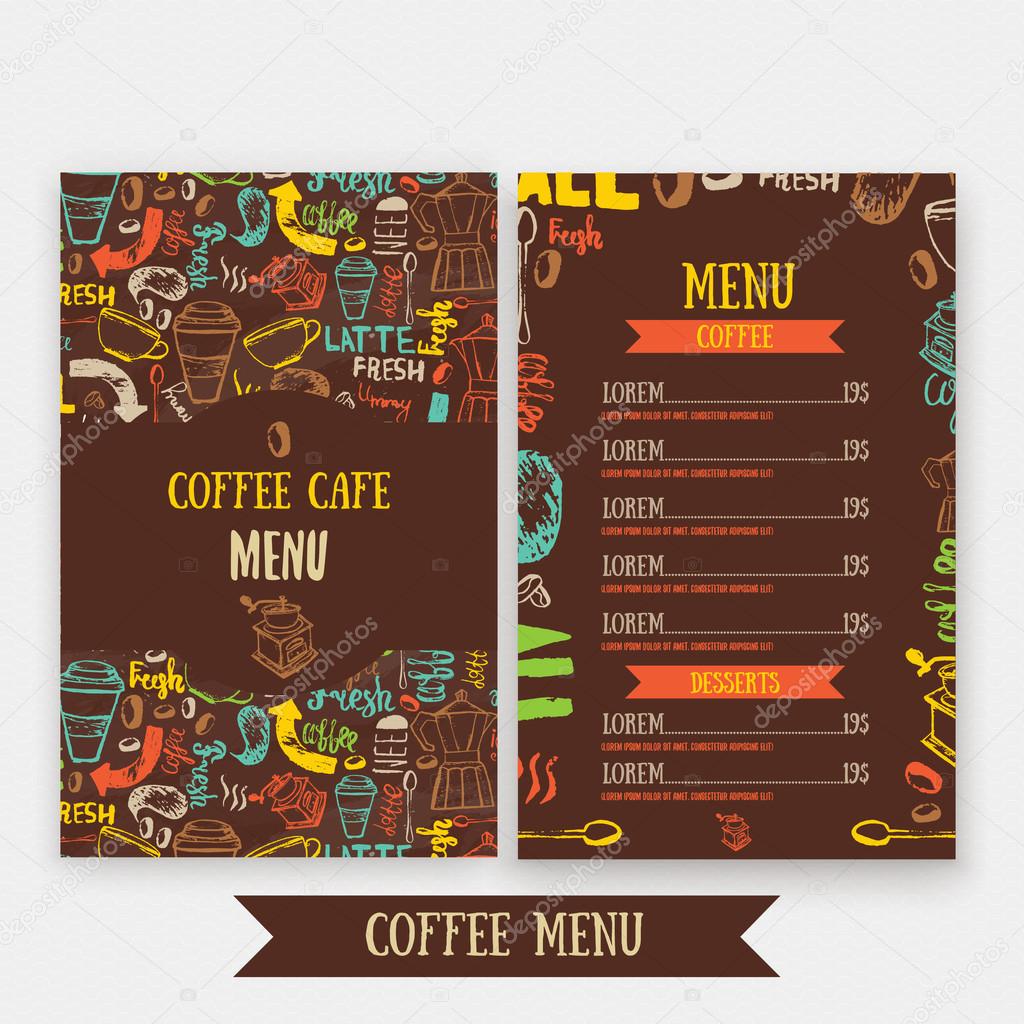 Cafe menu template design with lettering for coffee shop. Hand drawn cafe menu design. Modern hipster colorful cafe menu. Vector illustration of cafe menu.