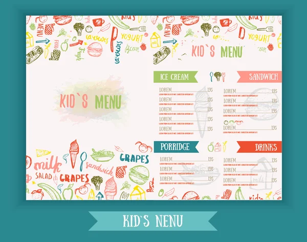 Menu enfants Modèle vectoriel dessiné à la main coloré mignon. Conception de menu pour enfants pour la fête, café. Bannière de menu créative pour enfants . — Image vectorielle