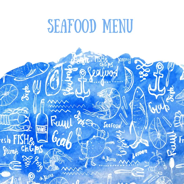 Vector fondo de mariscos. Fondo de mariscos vectorial en acuarela azul en estilo moderno para el diseño de menú, envoltura, pancartas — Archivo Imágenes Vectoriales