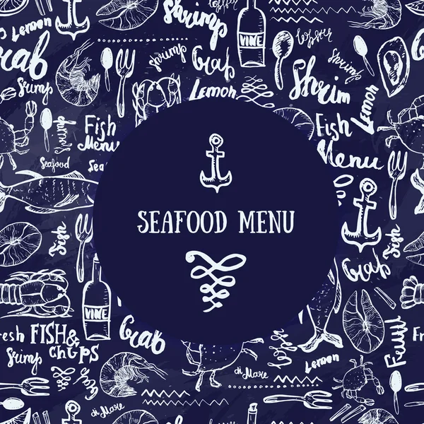 Vektor Vintage Seafood meny design. Hand Seafood meny banner. Perfekt för skaldjursmeny Flyer, kort, skaldjur meny företag främja. — Stock vektor