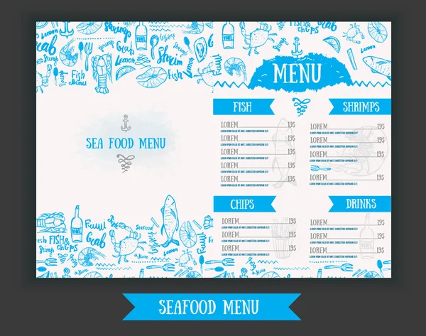 Vector moderno diseño de menú de mariscos. Menú de mariscos dibujado a mano. Ideal para el folleto de menú de mariscos, tarjeta, menú de mariscos promoción de negocios . — Vector de stock