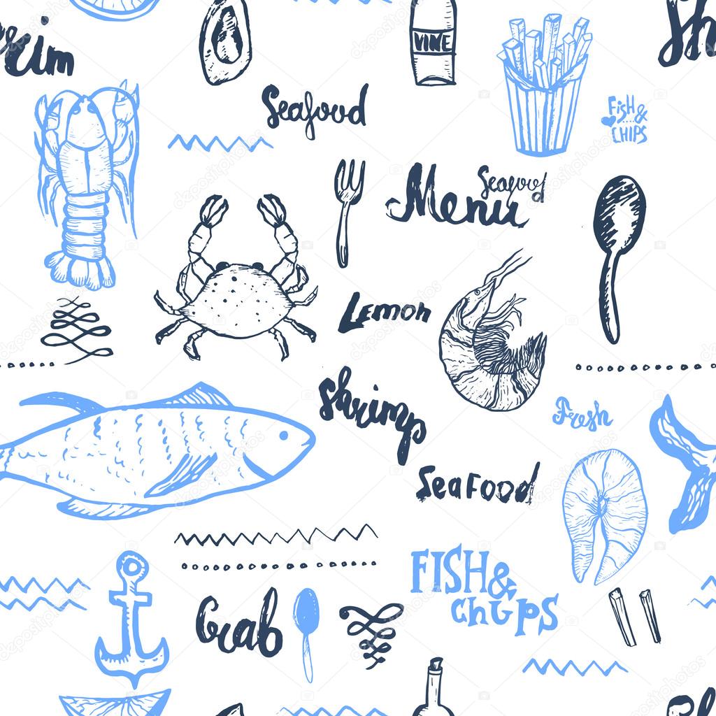 Vector seafood background. Seamless seafood background. Vector Seamless seafood background isolated on white in vintage style for menu design, wrapping, banners.