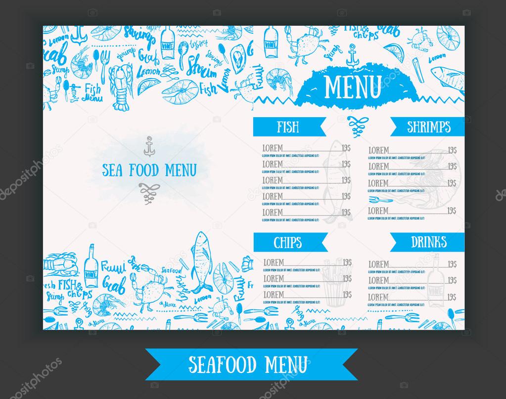 Vector modern seafood menu design. Hand drawn seafood menu. Great for seafood menu flyer, card, seafood menu business promotion.