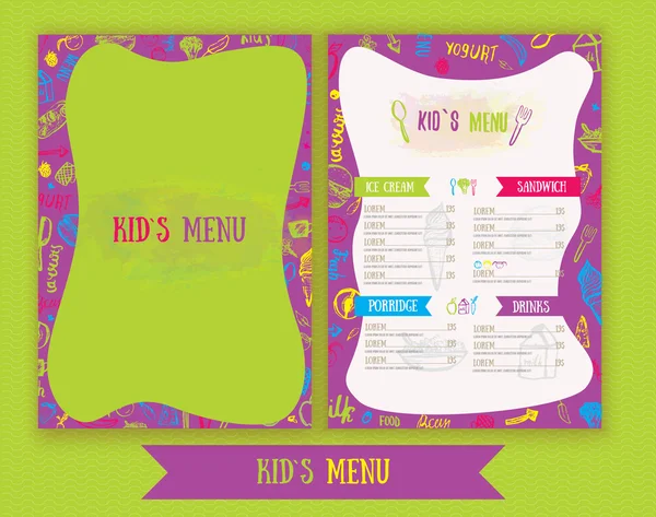 Menu enfants Modèle vectoriel dessiné à la main coloré mignon. Conception de menu pour enfants pour la fête, café. Bannière de menu créative pour enfants . — Image vectorielle