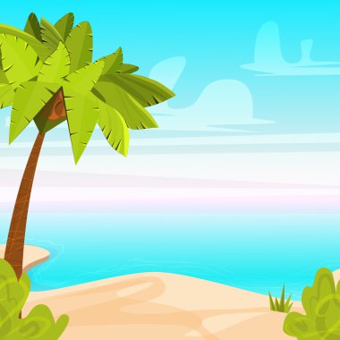 Palmiye Ağacı ile Tropikal Beach Island. Okyanus yakınlarındaki kumlu sahil. Yaz Tatili Karikatür Vektör İllüstrasyon