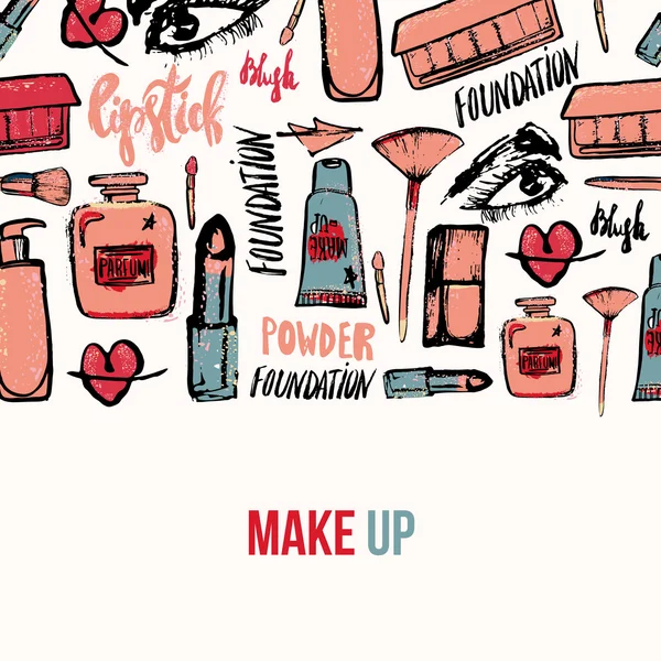 矢量化妆背景。迷人的化妆系列与指甲油和口红。创意化妆设计卡片，网页设计背景，书籍封面. — 图库矢量图片