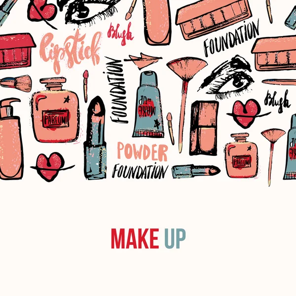 Fondo de maquillaje vectorial. Glamorosa colección de maquillaje con esmalte de uñas y lápiz labial. Diseño de maquillaje creativo para tarjeta, fondo de diseño web, cubierta de libro . — Vector de stock