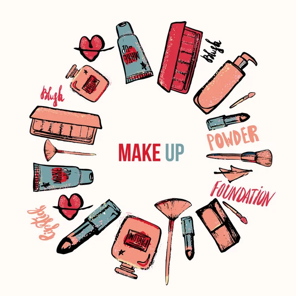 Vector Makeup background. Glamorous makeup collection with nail polish and lipstick.Creative makeup design for card, web design background, book cover. — Stock Vector