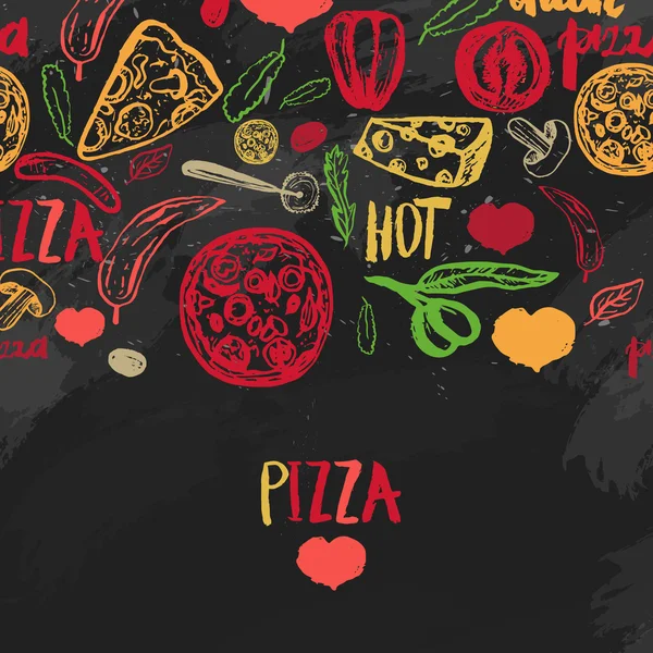 Menu pizza avec olives, mots, tomates et tranches sur fond sombre pour bannières, papier d'emballage . — Image vectorielle