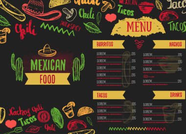Vintage Mexican Food menu with lettering. Mexican food tacos, burritos, nachos. Mexican kitchen. Can be used for restaurant, cafe wrapping.