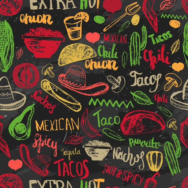 Patrón sin costura vectorial comida mexicana con letras. Tacos de comida mexicana, burritos, nachos. Cocina mexicana. Se puede utilizar para restaurante, cafetería. Menú de comida mexicana . — Vector de stock