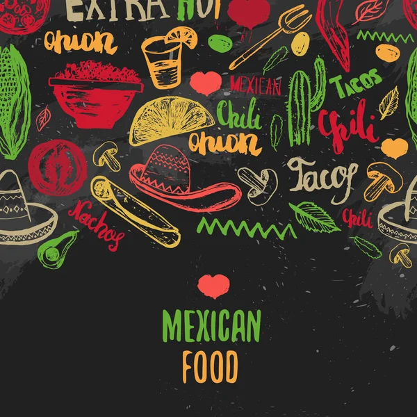 Menu Makanan Meksiko klasik dengan huruf. Taco makanan Meksiko, burrito, nacho. Dapur Meksiko. Dapat digunakan untuk restoran, pembungkus kafe . - Stok Vektor