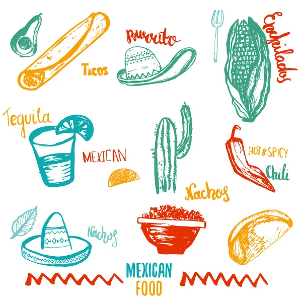 Винтажная мексиканская еда изолированные предметы с надписью. Мексиканские тако, буррито, начос. Мексиканская кухня. Может использоваться для обертывания ресторанов, кафе . — стоковый вектор