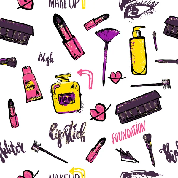 Seamless Makeup pattern. Glamorous makeup pattern with nail polish and lipstick. Creative  design for card, web design background, book cover. — Wektor stockowy