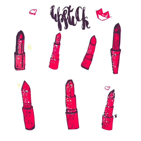 Vector hand getrokken Lipstick set. Kan worden gebruikt voor promotie, logo, banners. — Stockvector
