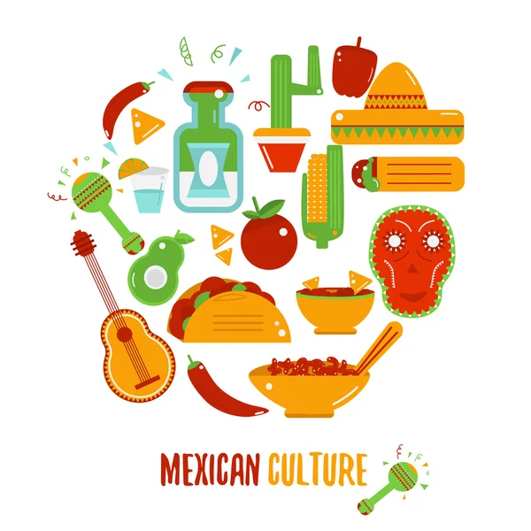 Logotipo de cultura mexicana para etiquetas, emblemas e insignias, conjunto de elementos de diseño vectorial. Sombrero y maracas, guitarra mexicana, botella de tequila, logo de taco . — Archivo Imágenes Vectoriales