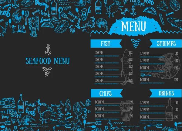 Vector modern seafood menu design. Hand drawn seafood menu. Great for menu flyer, card, seafood menu business promotion. — Stock Vector