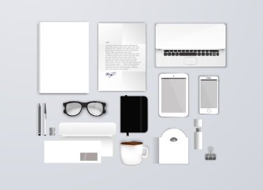 Boş kurumsal kimlik şablon kümesi. Tasarım marka için ileti örneği mock-up iş. Mektup zarf, kart, katalog, kalem, kurşun kalem, defter, tablet pc, cep telefonu, Antetli Kağıt, broşür kapak.