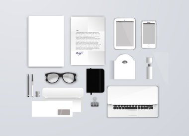 Boş kurumsal kimlik şablon kümesi. Tasarım marka için ileti örneği mock-up iş. Mektup zarf, kart, katalog, kalem, kurşun kalem, defter, tablet pc, cep telefonu, Antetli Kağıt, broşür kapak.