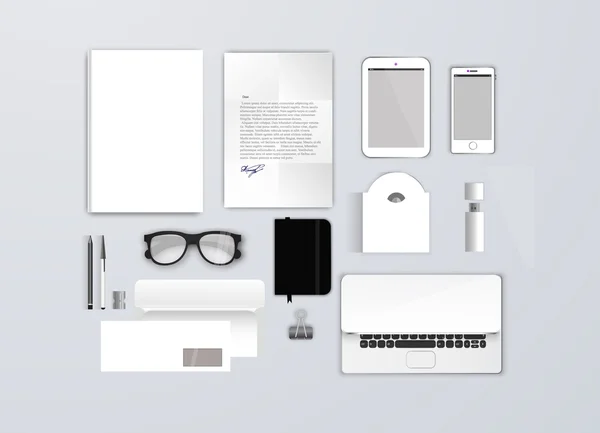 Modelo de identidade corporativa vazio definido. Mock-up de papelaria de negócios para design de marca. envelope carta, cartão, catálogo, caneta, lápis, notebook, tablet pc, telefone celular, papel timbrado, capa de brochura . —  Vetores de Stock