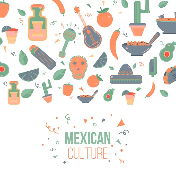 Logo de la culture mexicaine pour étiquettes, emblèmes et badges, ensemble d'éléments de design vectoriel. Sombrero et maracas, guitare mexicaine, bouteille de tequila, logo taco . — Image vectorielle