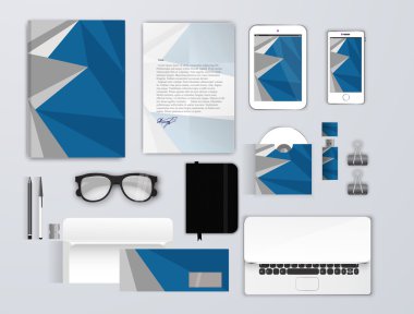 Corporate identity template set. Business stationery mock-up for branding design. Letter envelope, card, catalog, pen, pencil, tablet pc, letterhead, brochure cover.