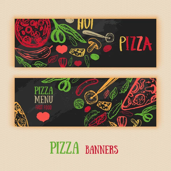 Conjunto vectorial de pancartas de pizza italianas. Carteles de pancartas horizontales dibujados a mano — Vector de stock